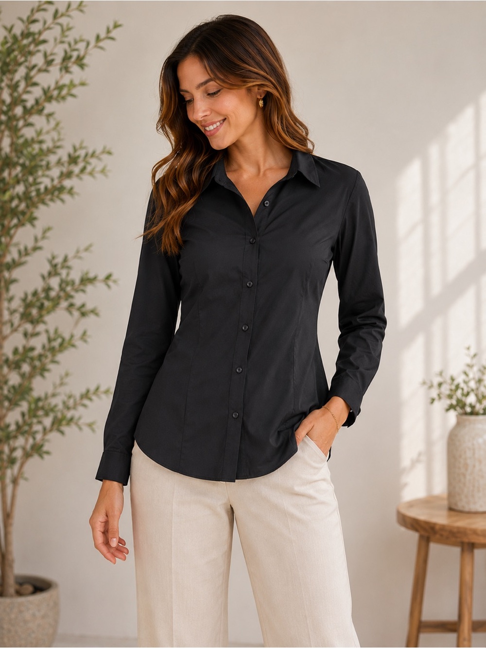 NWT Athleta A-Frame Poplin Top Black Long Sleeve Button Front Blouse Large